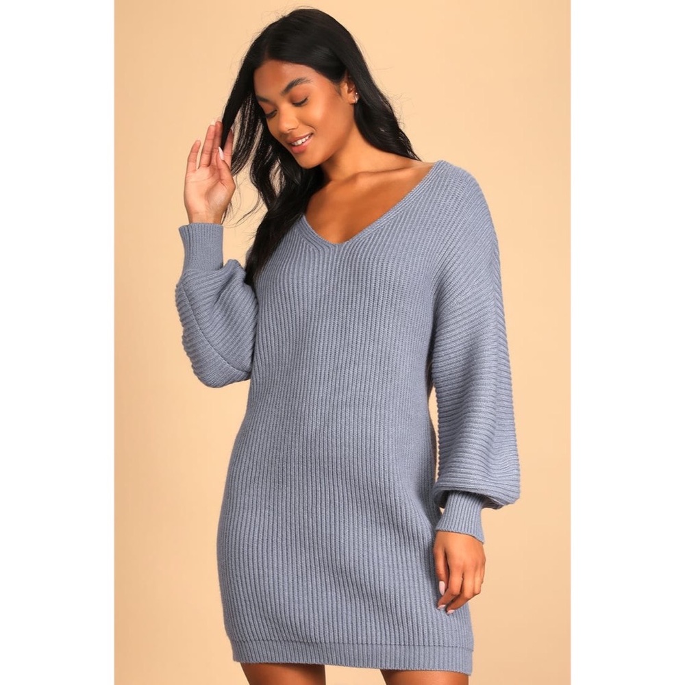 Lulus Cozy on the Mind Dusty Blue Ribbed Knit Sweater Mini Dress